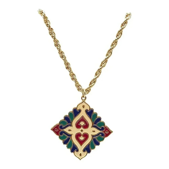 Vendome 1970’s Multi-Color Enamel Medallion Pendant Necklace Gold Tone - Picture 3 of 5